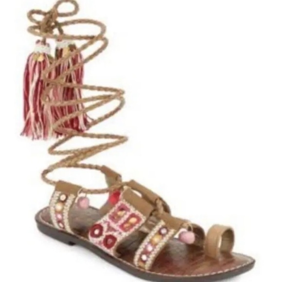 Womens Sam Edelman Sz 8.5 Sandals Gretchen Tassel Lace Up Leather Boho Open Toe - Picture 2 of 7